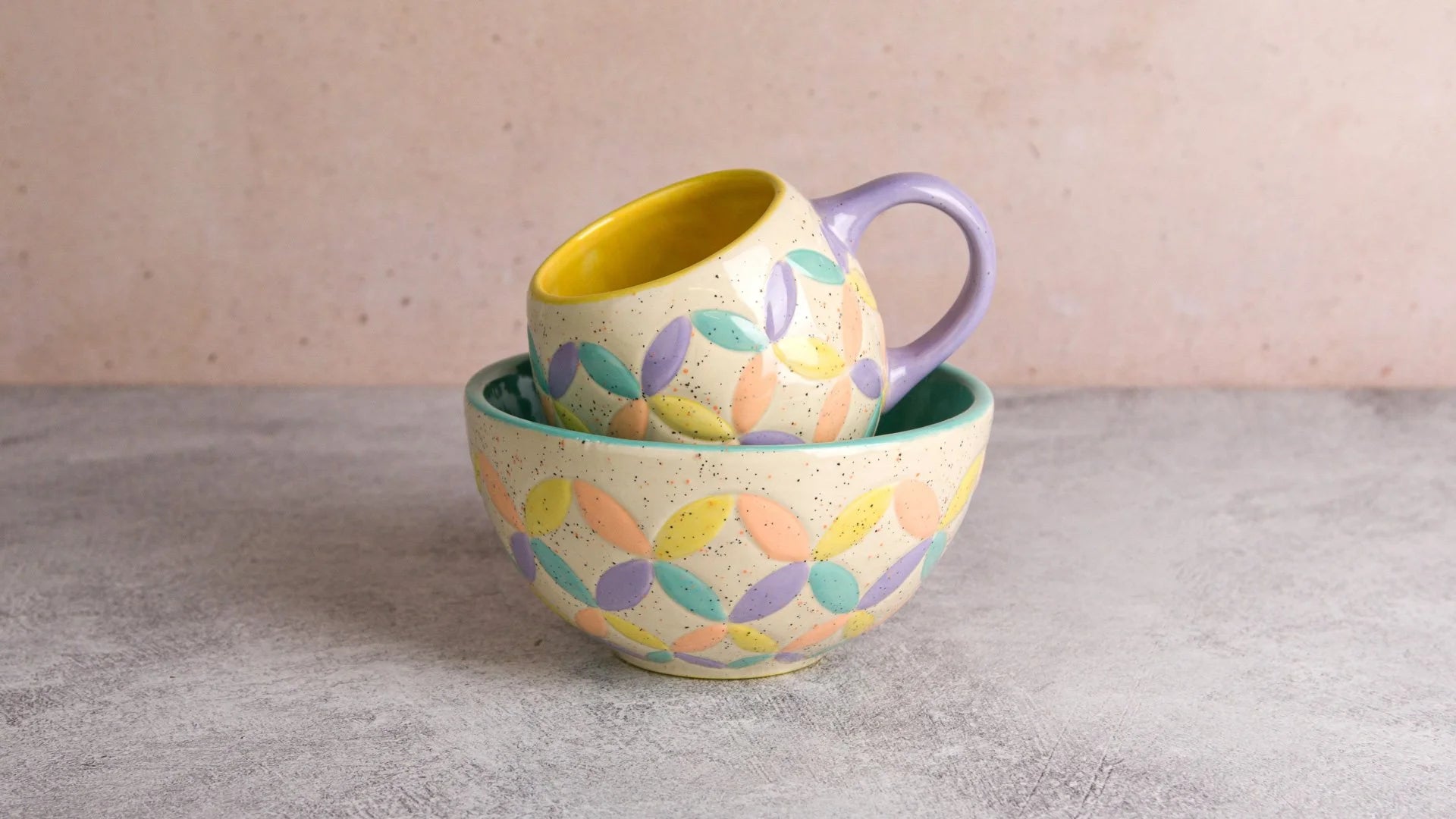 Speckled pastel mug and bowl by Sunstone Pottery Supply